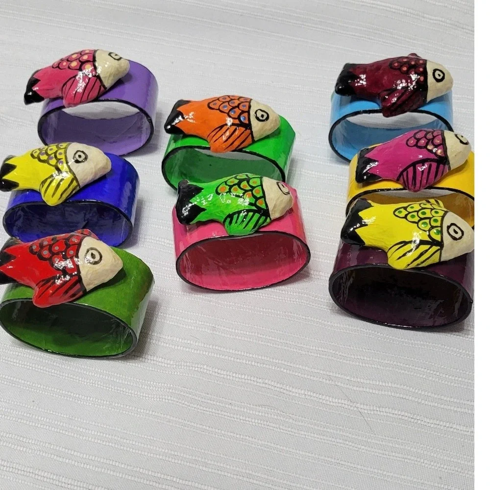 Vintage Folk Art Hand Painted Papier Mache Fish Napkin Rings Colorful